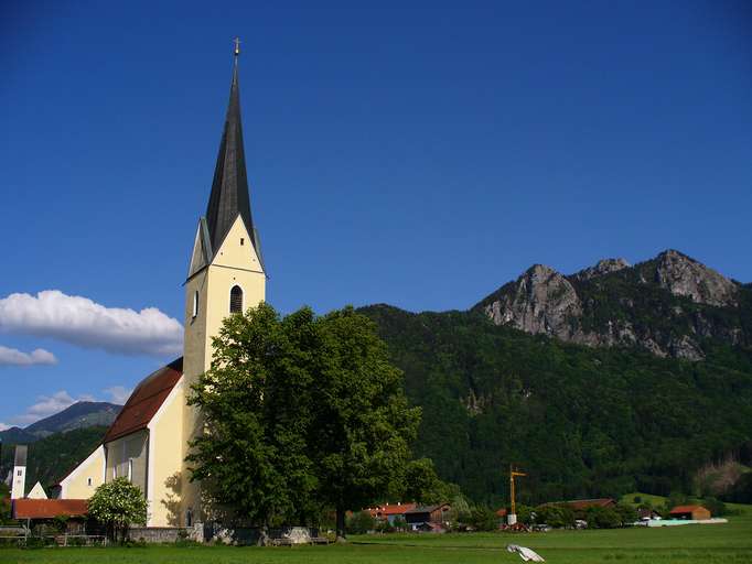 St. Leonhard Church at Nußdorf am Inn, with St. Vitus Church and Heuberg in the Background