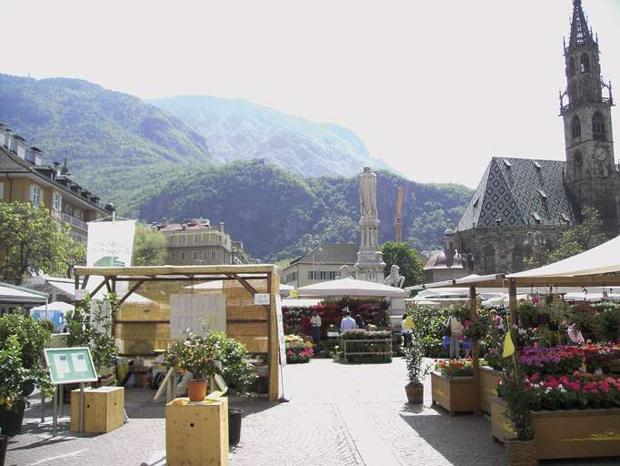 Waltherplatz in Bozen mit Blumenmarkt